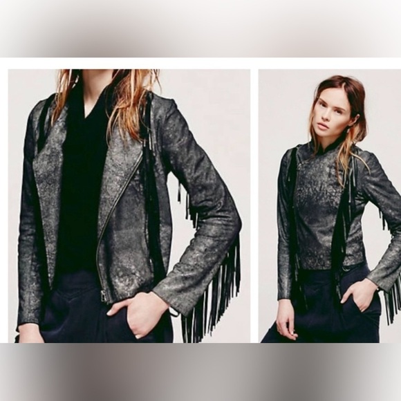 CLEOBELLA Everly Metallic Leather Fringe Metallic Black Jacket - Picture 1 of 12
